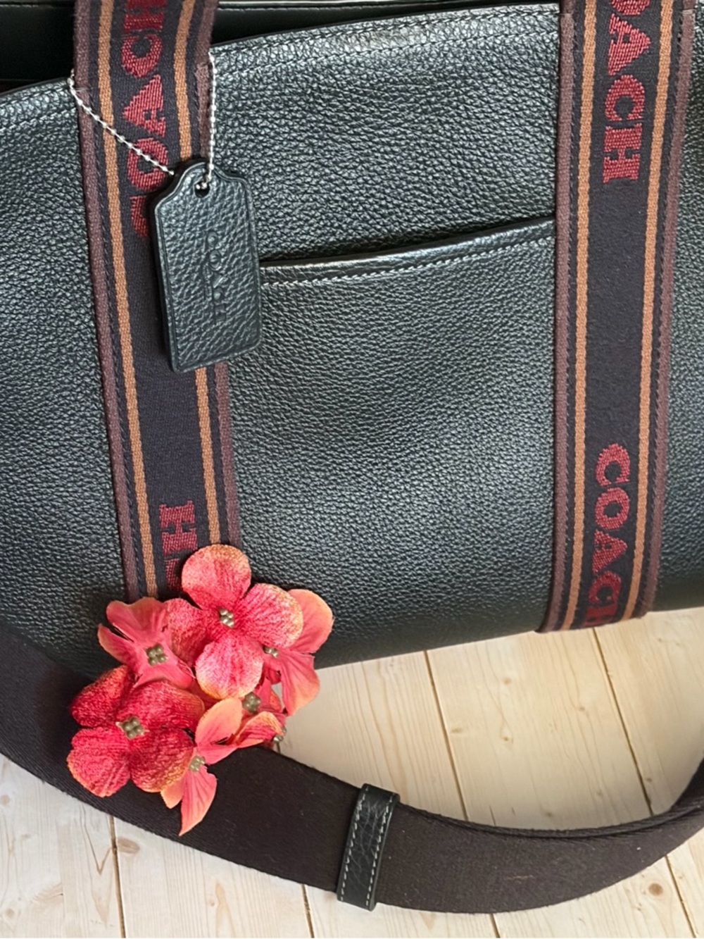 Coach Black Leather Tote with Brown and Red Logo Web Straps - Picture 2 of 10